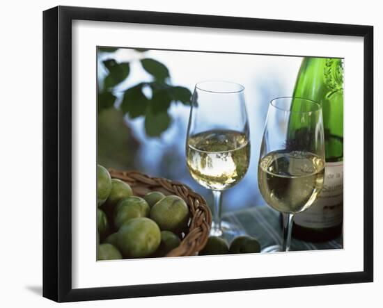 Glasses of White Wine on Table With River Relected in Glass, Loire, France, Europe-John Miller-Framed Photographic Print