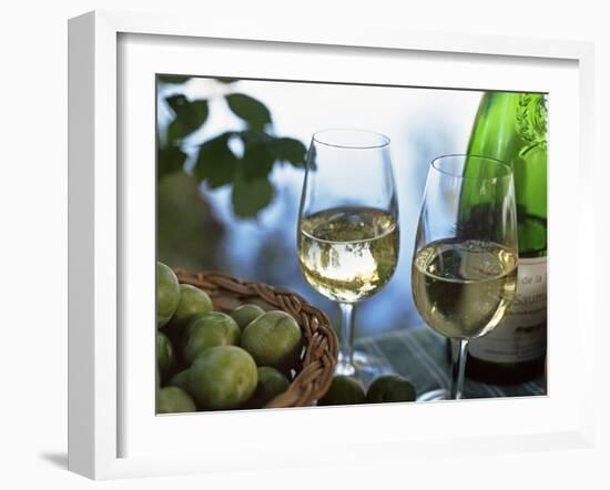 Glasses of White Wine on Table With River Relected in Glass, Loire, France, Europe-John Miller-Framed Photographic Print