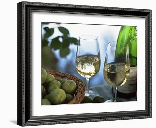 Glasses of White Wine on Table With River Relected in Glass, Loire, France, Europe-John Miller-Framed Photographic Print