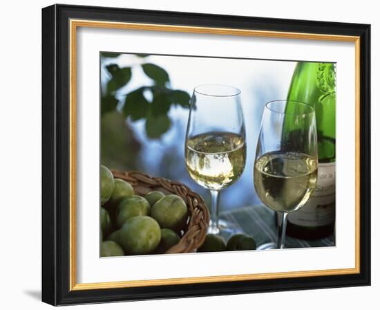 Glasses of White Wine on Table With River Relected in Glass, Loire, France, Europe-John Miller-Framed Photographic Print