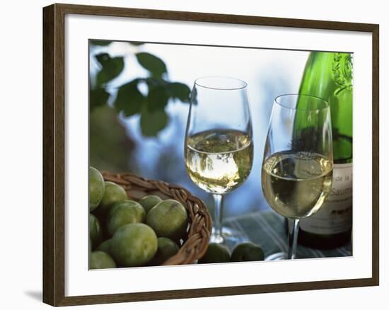 Glasses of White Wine on Table With River Relected in Glass, Loire, France, Europe-John Miller-Framed Photographic Print