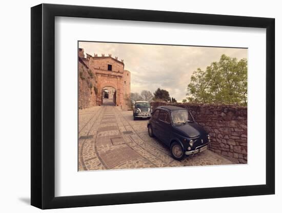 Glimpse of Spello with Vintage Cars in the Foreground, Spello, Perugia District, Umbria, Italy-ClickAlps-Framed Photographic Print