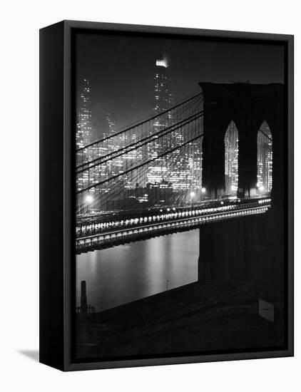 Glittering Night View of the Brooklyn Bridge Spanning the Glassy Waters of the East River-Andreas Feininger-Framed Premier Image Canvas