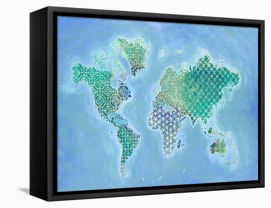 Global Patterned World Map-Arnie Fisk-Framed Stretched Canvas