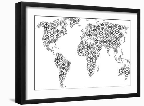 Global World Map Concept Combined of Boat Steering Wheel Icons. Vector Boat Steering Wheel Items Ar-Aha-Soft-Framed Art Print