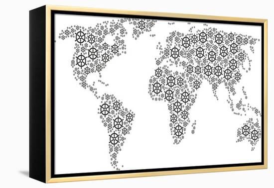 Global World Map Concept Combined of Boat Steering Wheel Icons. Vector Boat Steering Wheel Items Ar-Aha-Soft-Framed Stretched Canvas