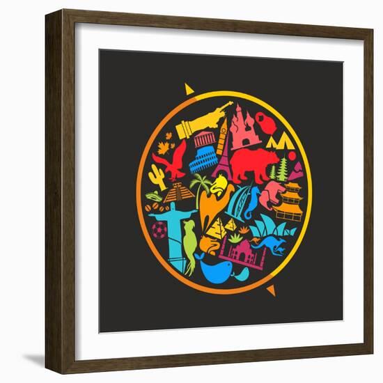 Globe Sign Full of Landmarks Symbols-kisika-Framed Art Print