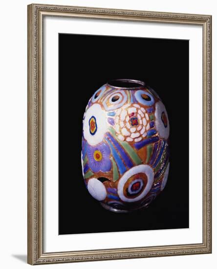 Globular-Shaped Vase Enameled in Polychrome with Stylized Flowers in Art Deco Style-null-Framed Giclee Print