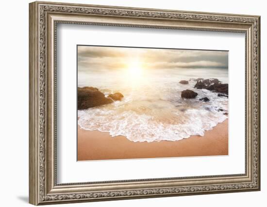 Glorious Sunrise Scene at the Ocean with the Sun, Clouds and a Beautiful Little White Wave on the S-Smileus-Framed Photographic Print