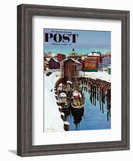 "Gloucester Harbor in Winter," Saturday Evening Post Cover, February 4, 1961-John Clymer-Framed Giclee Print