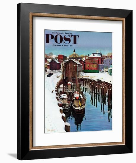 "Gloucester Harbor in Winter," Saturday Evening Post Cover, February 4, 1961-John Clymer-Framed Giclee Print