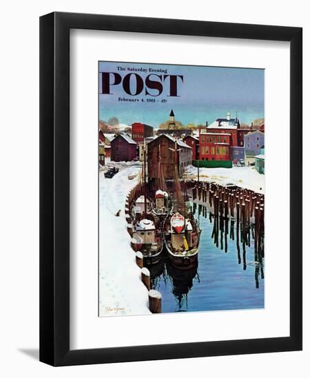 "Gloucester Harbor in Winter," Saturday Evening Post Cover, February 4, 1961-John Clymer-Framed Giclee Print