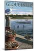 Gloucester, Virginia - Blue Crab and Oysters on Dock-Lantern Press-Mounted Art Print