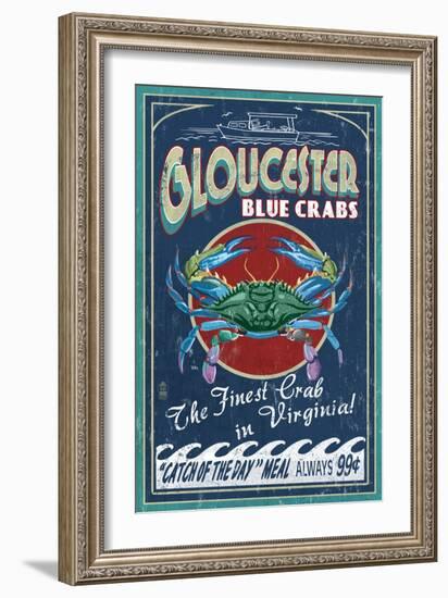 Gloucester, Virginia - Blue Crab Vintage Sign-Lantern Press-Framed Art Print