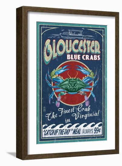 Gloucester, Virginia - Blue Crab Vintage Sign-Lantern Press-Framed Art Print