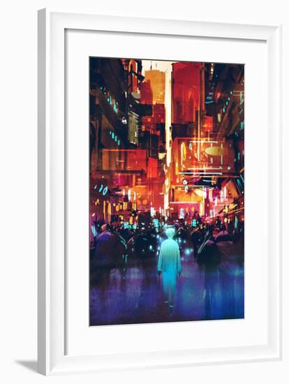 Glowing Blue Man Walking in Futuristic City with Colorful Light,Illustration Painting-Tithi Luadthong-Framed Art Print