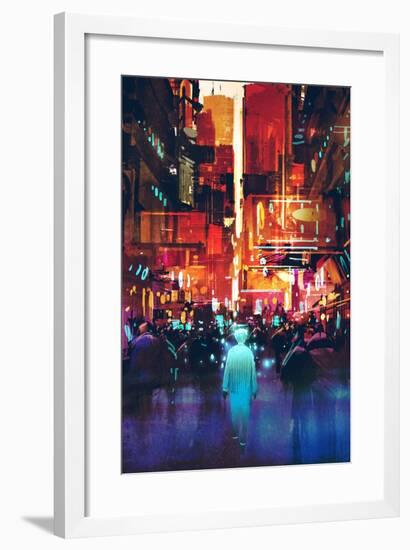 Glowing Blue Man Walking in Futuristic City with Colorful Light,Illustration Painting-Tithi Luadthong-Framed Art Print
