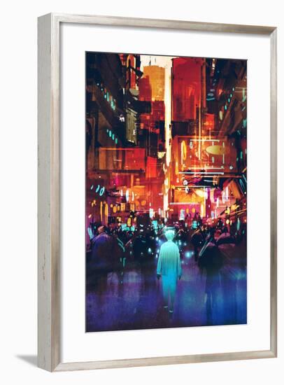 Glowing Blue Man Walking in Futuristic City with Colorful Light,Illustration Painting-Tithi Luadthong-Framed Art Print