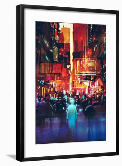 Glowing Blue Man Walking in Futuristic City with Colorful Light,Illustration Painting-Tithi Luadthong-Framed Art Print