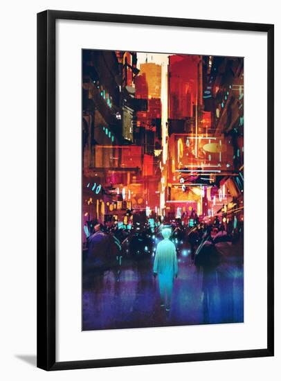 Glowing Blue Man Walking in Futuristic City with Colorful Light,Illustration Painting-Tithi Luadthong-Framed Premium Giclee Print