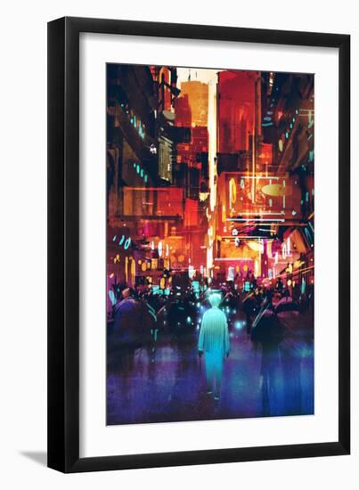 Glowing Blue Man Walking in Futuristic City with Colorful Light,Illustration Painting-Tithi Luadthong-Framed Art Print