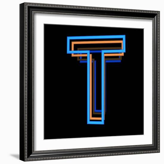 Glowing Letter T Isolated On Black Background-Andriy Zholudyev-Framed Premium Giclee Print