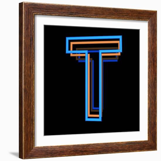 Glowing Letter T Isolated On Black Background-Andriy Zholudyev-Framed Art Print