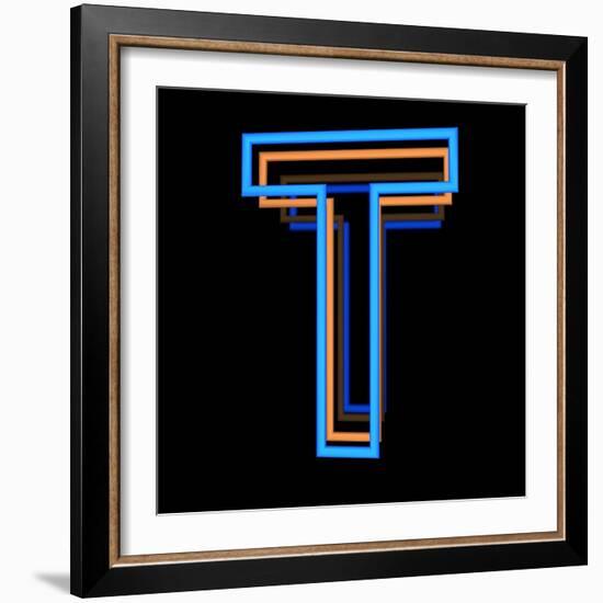 Glowing Letter T Isolated On Black Background-Andriy Zholudyev-Framed Art Print