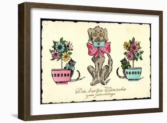 Glückwunsch Geburtstag, Hund Mit Brief, Katzen, Blumen-null-Framed Giclee Print