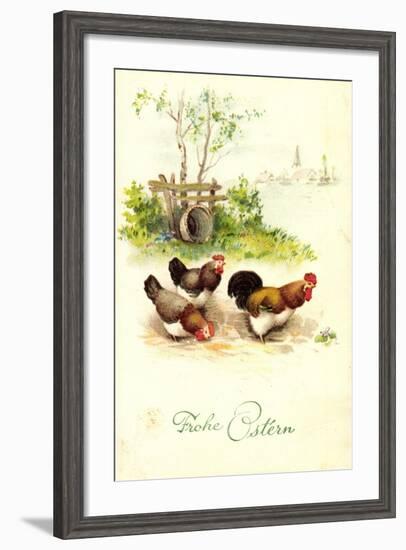Glückwunsch Ostern, Hahn Mit Hennen Auf Dem Hof-null-Framed Giclee Print