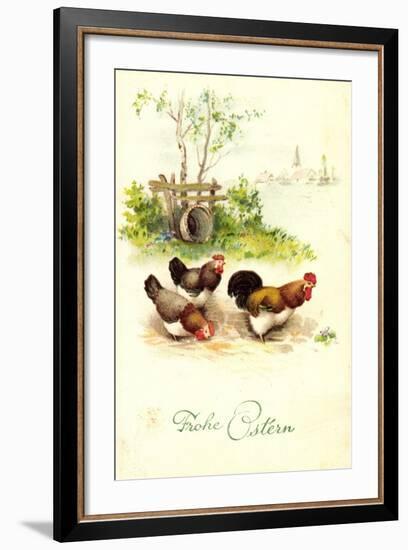 Glückwunsch Ostern, Hahn Mit Hennen Auf Dem Hof-null-Framed Giclee Print