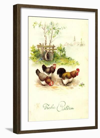 Glückwunsch Ostern, Hahn Mit Hennen Auf Dem Hof-null-Framed Giclee Print