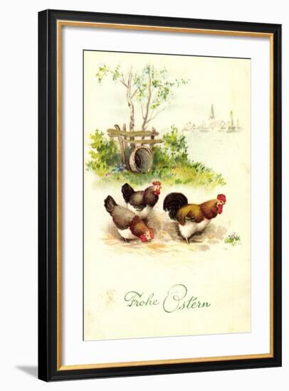 Glückwunsch Ostern, Hahn Mit Hennen Auf Dem Hof-null-Framed Giclee Print