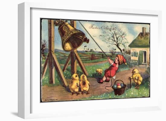 Glückwunsch Ostern, Junge Läutet Glocke, Küken, Eier-null-Framed Giclee Print