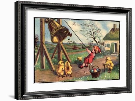 Glückwunsch Ostern, Junge Läutet Glocke, Küken, Eier-null-Framed Premium Giclee Print