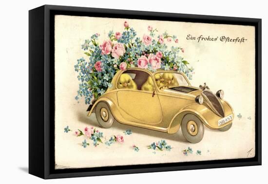 Glückwunsch Ostern, Küken in Einem Oldtimer, Blumen-null-Framed Premier Image Canvas