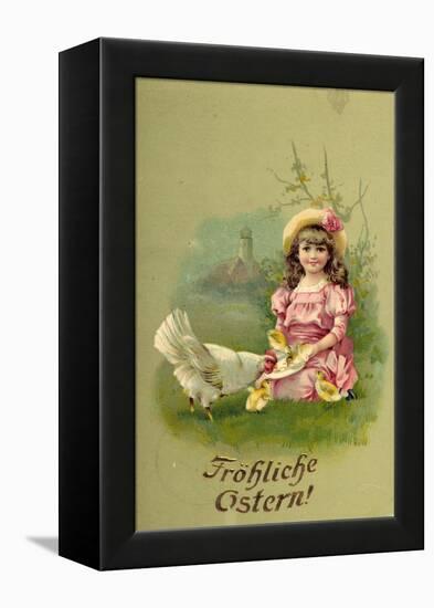 Glückwunsch Ostern, Mädchen Mit Küken Und Henne-null-Framed Premier Image Canvas