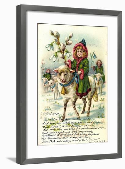 Glückwunsch Ostern, Mädchen Reitet Auf Einem Schaf-null-Framed Giclee Print