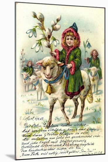 Glückwunsch Ostern, Mädchen Reitet Auf Einem Schaf-null-Mounted Giclee Print