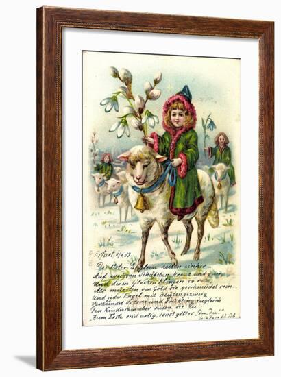 Glückwunsch Ostern, Mädchen Reitet Auf Einem Schaf-null-Framed Giclee Print