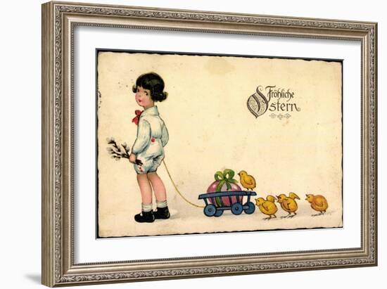 Glückwunsch Ostern, Mädchen, Weidenkätzchen, Küken-null-Framed Giclee Print