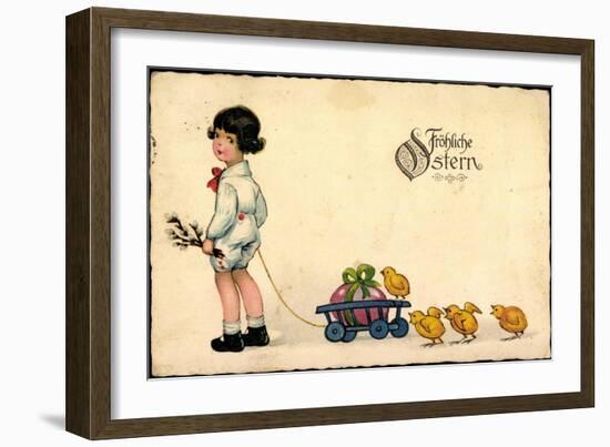 Glückwunsch Ostern, Mädchen, Weidenkätzchen, Küken-null-Framed Giclee Print
