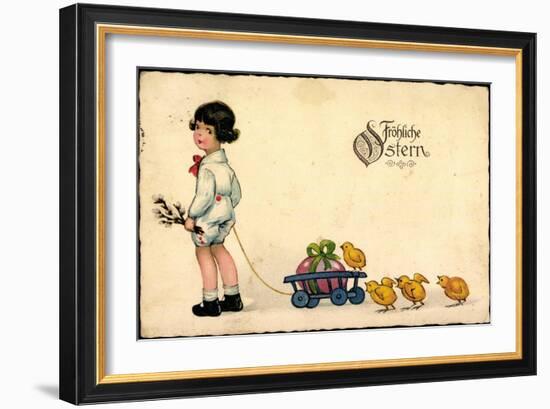 Glückwunsch Ostern, Mädchen, Weidenkätzchen, Küken-null-Framed Giclee Print