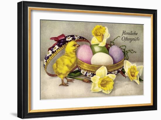 Glückwunsch Ostern, Ostereier, Küken, Blumen-null-Framed Giclee Print