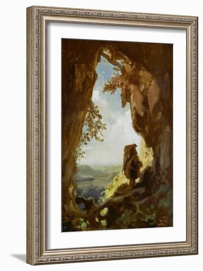 Gnom, von einer Höhle die erste Eisenbahn betrachtend-Carl Spitzweg-Framed Giclee Print