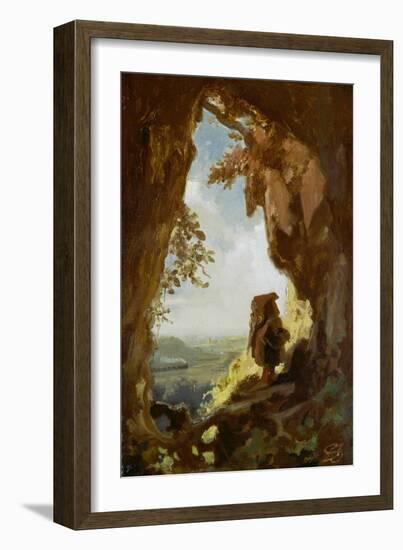 Gnom, von einer Höhle die erste Eisenbahn betrachtend-Carl Spitzweg-Framed Giclee Print