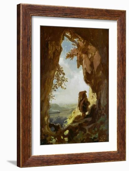 Gnom, von einer Höhle die erste Eisenbahn betrachtend-Carl Spitzweg-Framed Giclee Print