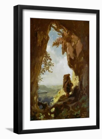 Gnom, von einer Höhle die erste Eisenbahn betrachtend-Carl Spitzweg-Framed Giclee Print