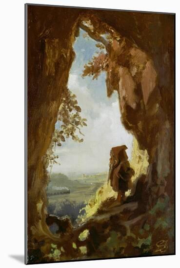 Gnom, von einer Höhle die erste Eisenbahn betrachtend-Carl Spitzweg-Mounted Giclee Print