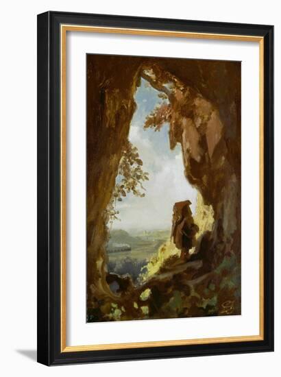 Gnom, von einer Höhle die erste Eisenbahn betrachtend-Carl Spitzweg-Framed Giclee Print